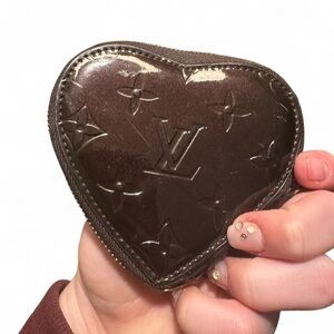 Brown patent leather LV heart coin purse